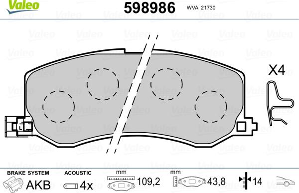 Valeo 598986 - Гальмівні колодки, дискові гальма avtolavka.club