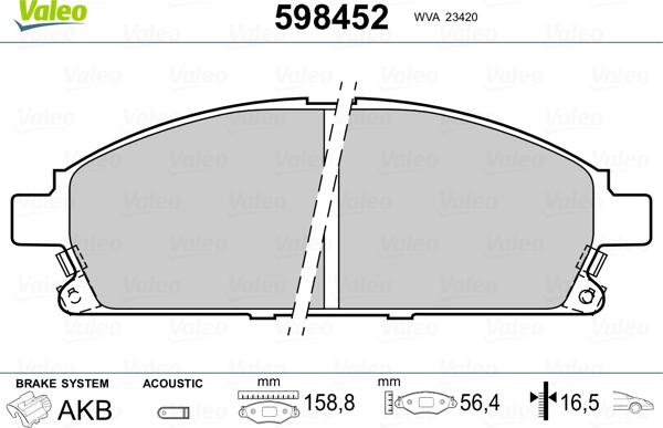 Valeo 598452 - Гальмівні колодки, дискові гальма avtolavka.club