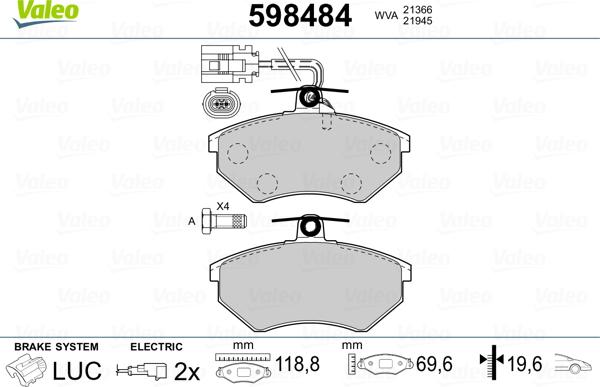 Valeo 598484 - Гальмівні колодки, дискові гальма avtolavka.club