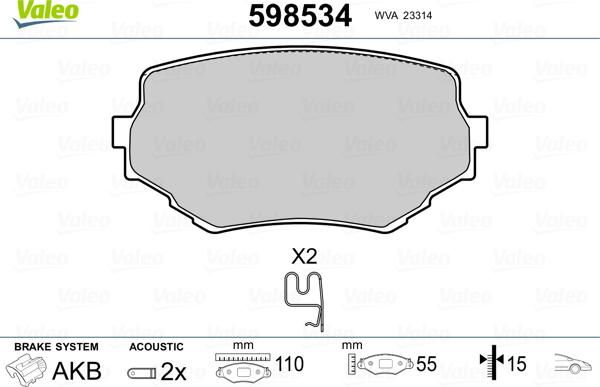 Valeo 598534 - Гальмівні колодки, дискові гальма avtolavka.club