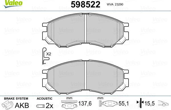 Valeo 598522 - Гальмівні колодки, дискові гальма avtolavka.club