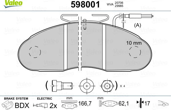 Valeo 598001 - Гальмівні колодки, дискові гальма avtolavka.club