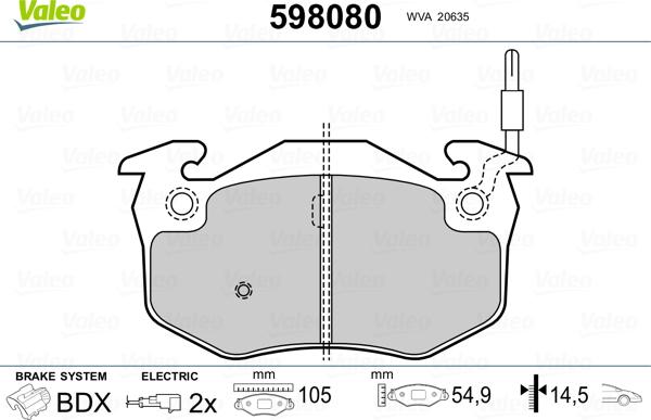 Valeo 598080 - Гальмівні колодки, дискові гальма avtolavka.club