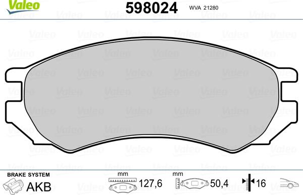 Valeo 598024 - Гальмівні колодки, дискові гальма avtolavka.club