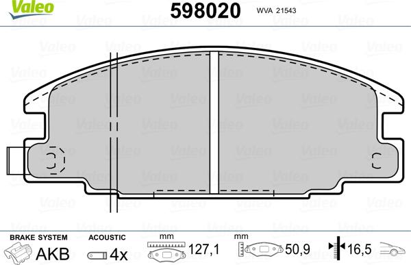 Valeo 598020 - Гальмівні колодки, дискові гальма avtolavka.club