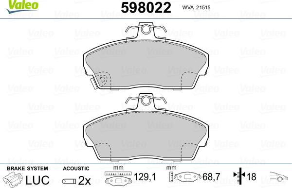 Valeo 598022 - Гальмівні колодки, дискові гальма avtolavka.club