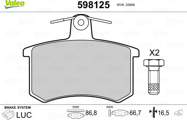 Valeo 598125 - Гальмівні колодки, дискові гальма avtolavka.club