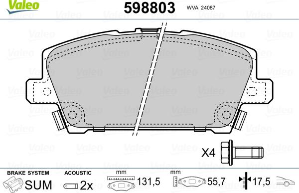 Valeo 598803 - Гальмівні колодки, дискові гальма avtolavka.club