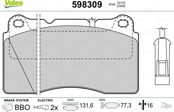 Valeo 598309 - Гальмівні колодки, дискові гальма avtolavka.club