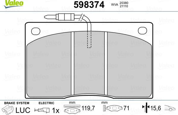 Valeo 598374 - Гальмівні колодки, дискові гальма avtolavka.club