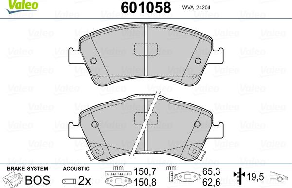 Valeo 601058 - Гальмівні колодки, дискові гальма avtolavka.club