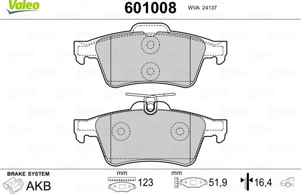 Valeo 601008 - Гальмівні колодки, дискові гальма avtolavka.club