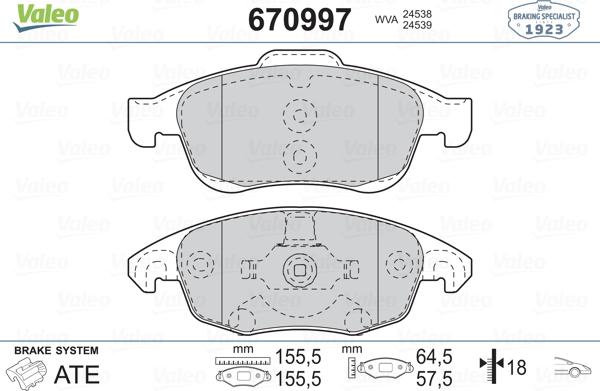 Valeo 670997 - Гальмівні колодки, дискові гальма avtolavka.club