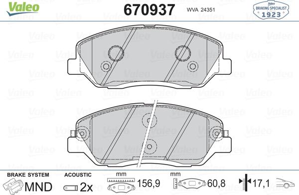 Valeo 670937 - Гальмівні колодки, дискові гальма avtolavka.club