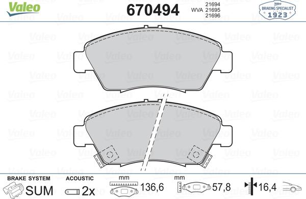 Valeo 670494 - Гальмівні колодки, дискові гальма avtolavka.club