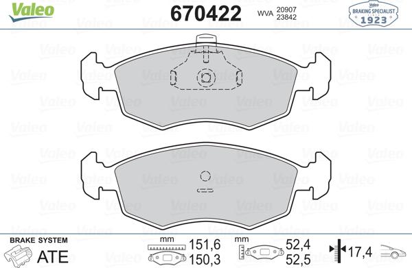 Valeo 670422 - Гальмівні колодки, дискові гальма avtolavka.club