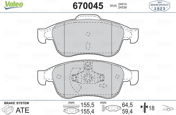 Valeo 670045 - Гальмівні колодки, дискові гальма avtolavka.club