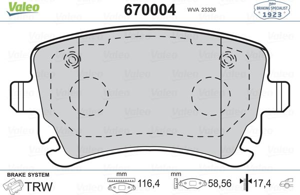 Valeo 670004 - Гальмівні колодки, дискові гальма avtolavka.club