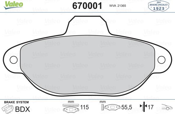 Valeo 670001 - Гальмівні колодки, дискові гальма avtolavka.club