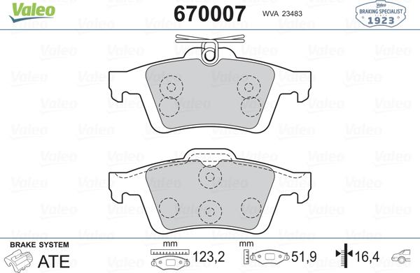 Valeo 670007 - Гальмівні колодки, дискові гальма avtolavka.club