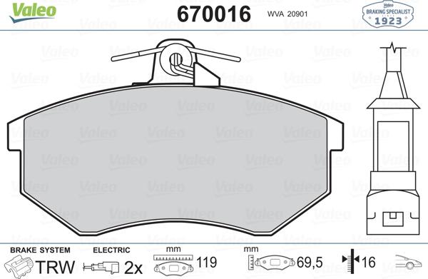 Valeo 670016 - Гальмівні колодки, дискові гальма avtolavka.club