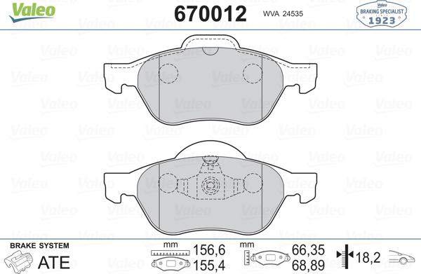 Valeo 670012 - Гальмівні колодки, дискові гальма avtolavka.club