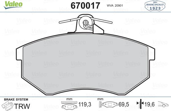 Valeo 670017 - Гальмівні колодки, дискові гальма avtolavka.club