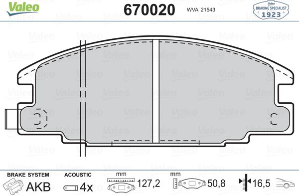 Valeo 670020 - Гальмівні колодки, дискові гальма avtolavka.club