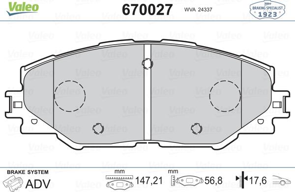 Valeo 670027 - Гальмівні колодки, дискові гальма avtolavka.club