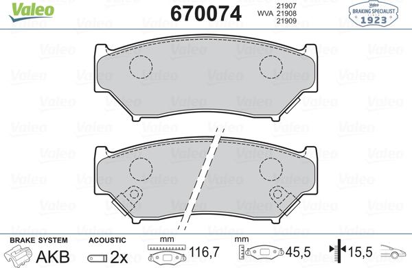 Valeo 670074 - Гальмівні колодки, дискові гальма avtolavka.club