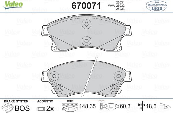 Valeo 670071 - Гальмівні колодки, дискові гальма avtolavka.club