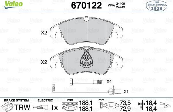 Valeo 670122 - Гальмівні колодки, дискові гальма avtolavka.club