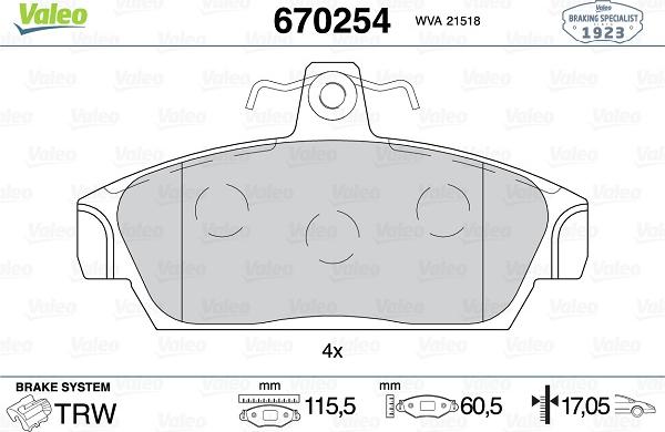 Valeo 670254 - Гальмівні колодки, дискові гальма avtolavka.club