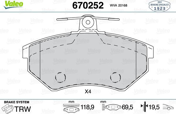 Valeo 670252 - Гальмівні колодки, дискові гальма avtolavka.club