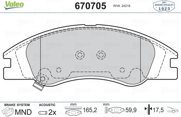 Valeo 670705 - Гальмівні колодки, дискові гальма avtolavka.club