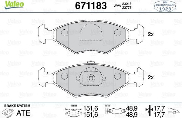 Valeo 671183 - Гальмівні колодки, дискові гальма avtolavka.club