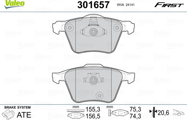 Valeo 301657 - Гальмівні колодки, дискові гальма avtolavka.club