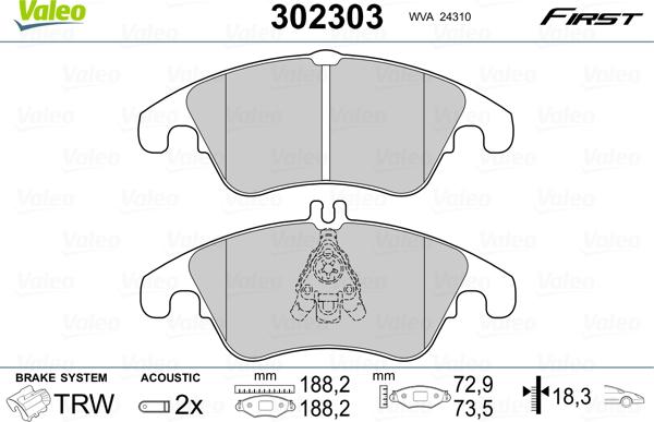 Valeo 302303 - Гальмівні колодки, дискові гальма avtolavka.club