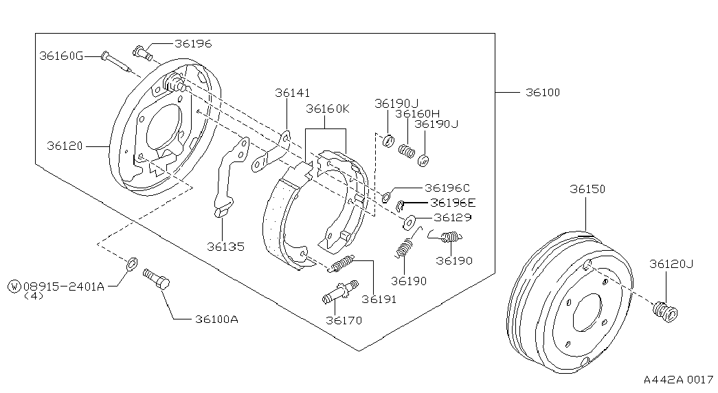 NISSAN 36160-51N25 - Комплект гальм, ручник, парковка avtolavka.club